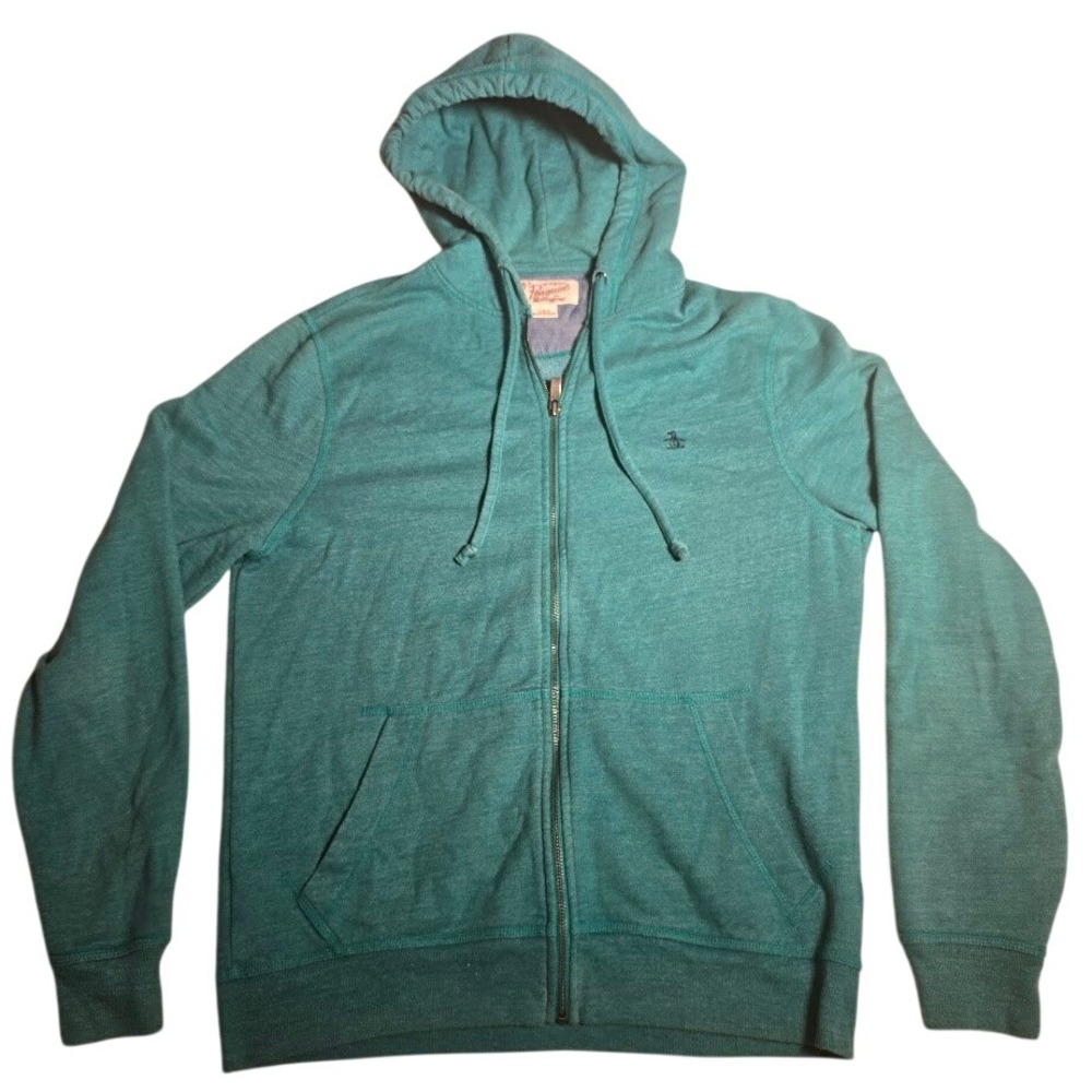 Original Penguin Mens Full Zip Hoodie Teal Heathered Logo Sweatshirt Large